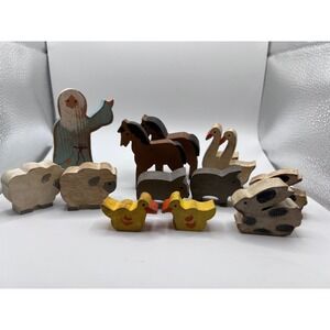 Vintage‎ Noah's Ark Hand Carved Painted Wooden Animal Set Primitive Toys FolkArt